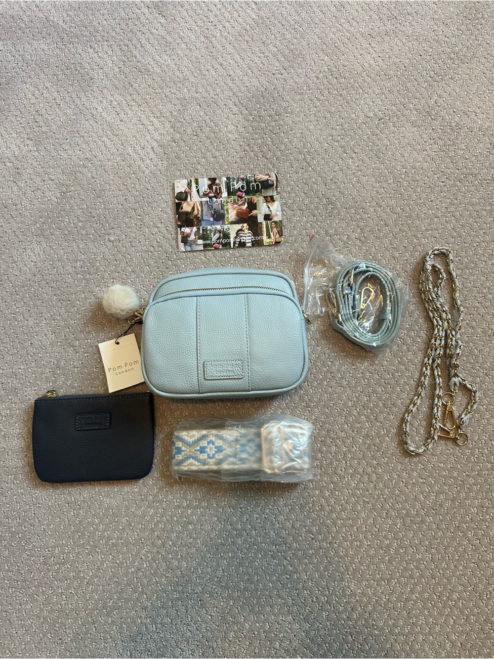 Pom Pom London Mayfair Ice Blue Leather Crossbody Bag with accessories - Picture 2 of 5